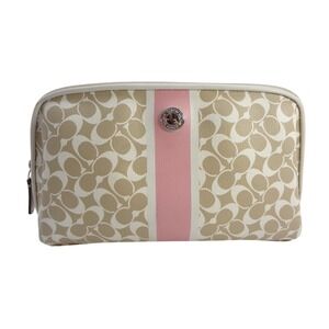 Coach Signature Monogram Cosmetic Case Tan Pink Stripe Makeup Bag 1941 Medallion